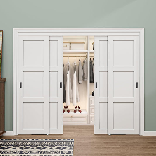 CRUTOP 3 -Lite Panel Paintable Sliding Closet Door for Bedroom/Closet/Barn - Assemble Required, Solid Core & Primed Water-Resistant Panels, Build Quality & Easy to Install (Black non-grooved door handle)