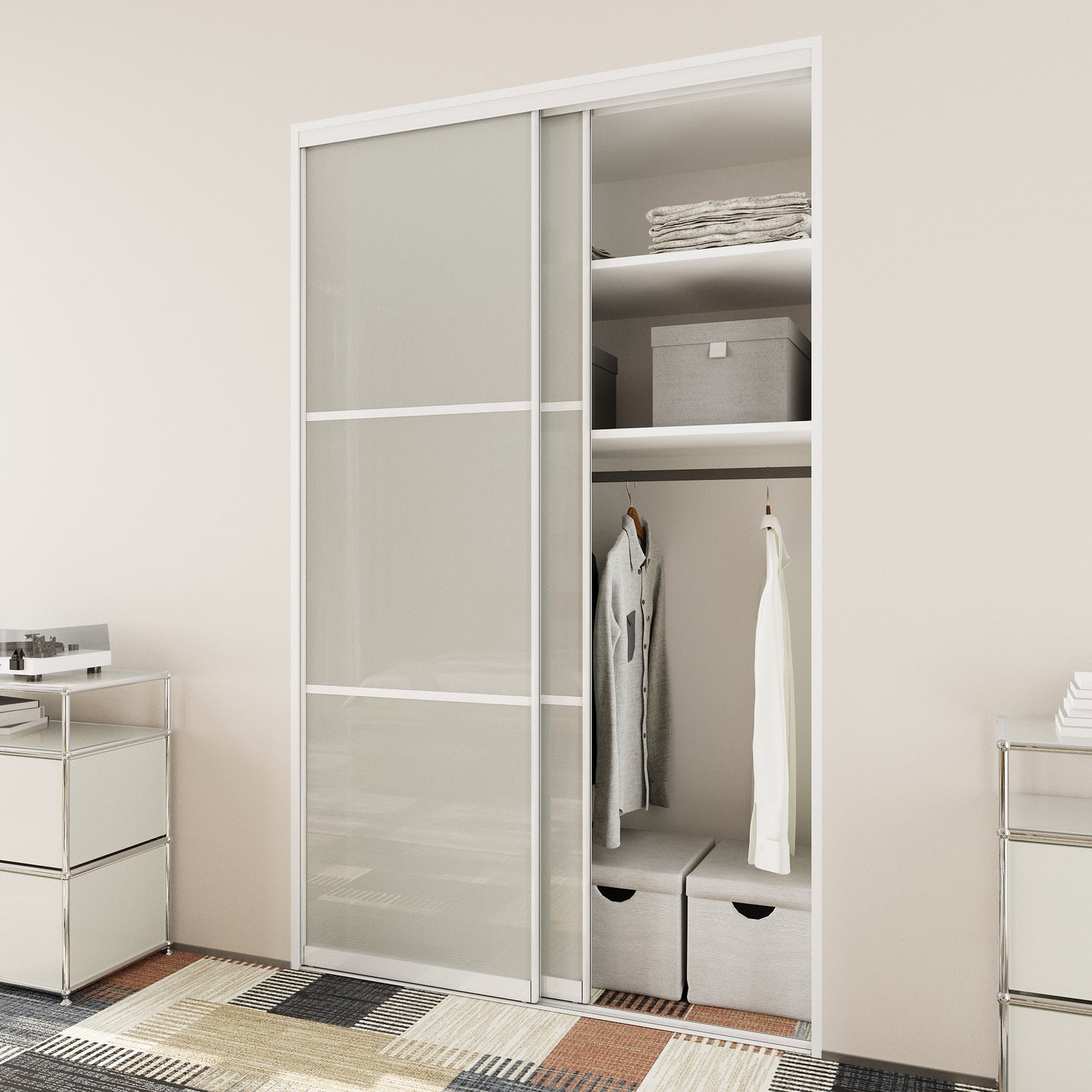 CRUTOP Sliding Closet Door, Fingerprint-Resistant 3-Lite Tempered Frosted Glass with Good Privacy & Water-Resistant Frame, Build Quality ( Pre-assembled Panels with Hardware Kit)，Aluminum Frame