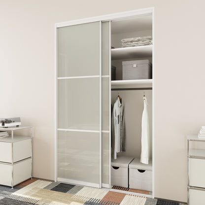 CRUTOP Sliding Closet Door, Fingerprint-Resistant 3-Lite Tempered Frosted Glass with Good Privacy & Water-Resistant Frame, Build Quality ( Pre-assembled Panels with Hardware Kit)，Aluminum Frame