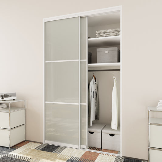 CRUTOP Sliding Closet Door, Fingerprint-Resistant 3-Lite Tempered Frosted Glass with Good Privacy & Water-Resistant Frame, Build Quality ( Pre-assembled Panels with Hardware Kit)，Aluminum Frame