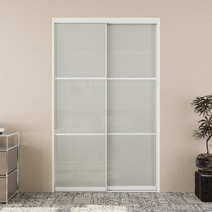 CRUTOP Sliding Closet Door, Fingerprint-Resistant 3-Lite Tempered Frosted Glass with Good Privacy & Water-Resistant Frame, Build Quality ( Pre-assembled Panels with Hardware Kit)，Aluminum Frame