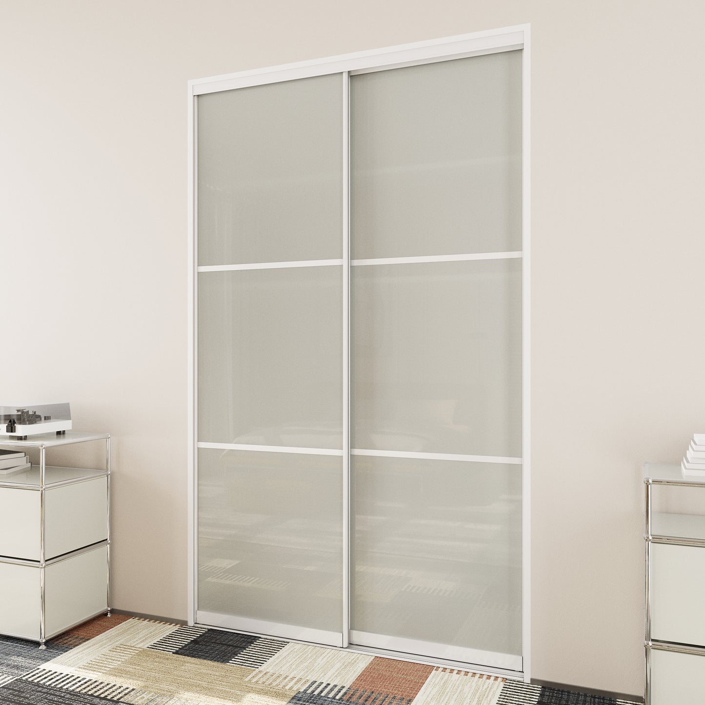 CRUTOP Sliding Closet Door, Fingerprint-Resistant 3-Lite Tempered Frosted Glass with Good Privacy & Water-Resistant Frame, Build Quality ( Pre-assembled Panels with Hardware Kit)，Aluminum Frame