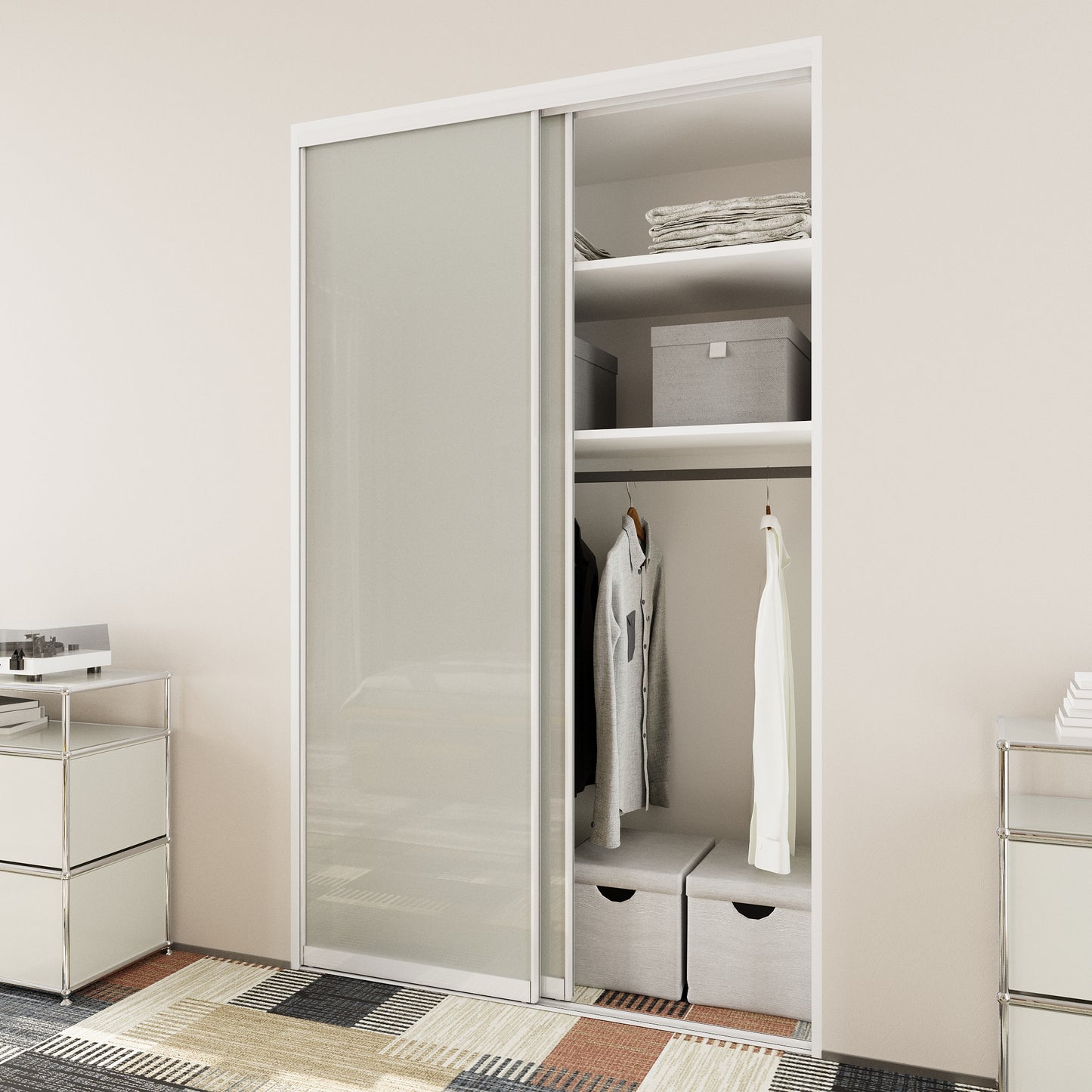 CRUTOP Sliding Closet Door, Fingerprint-Resistant 1-Lite Tempered Frosted Glass with Good Privacy & Water-Resistant Frame, Build Quality ( Pre-assembled Panels with Hardware Kit)，Aluminum Frame