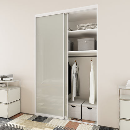 CRUTOP Sliding Closet Door, Fingerprint-Resistant 1-Lite Tempered Frosted Glass with Good Privacy & Water-Resistant Frame, Build Quality ( Pre-assembled Panels with Hardware Kit)，Aluminum Frame