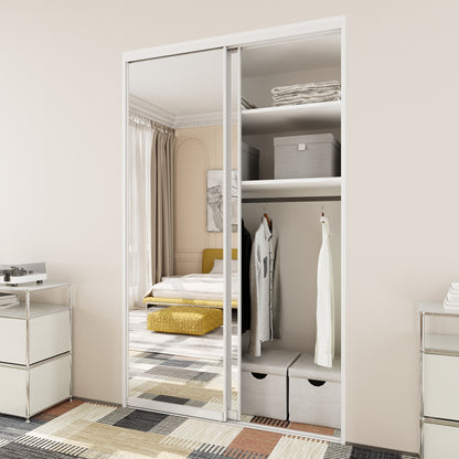 CRUTOP One Side Mirrored Sliding Closet Door(Pre-Assembled Panels with Hardware Kit), Build Quality & Easy to Install, Aluminum Frame Interior Door