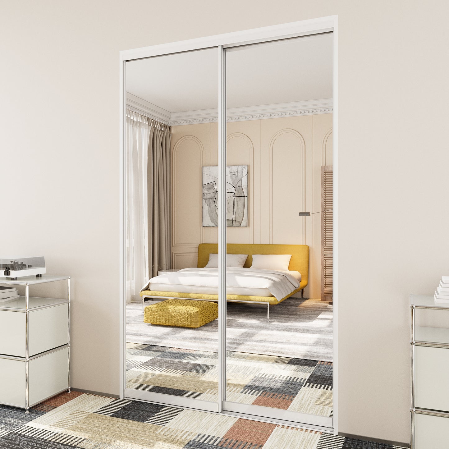 CRUTOP One Side Mirrored Sliding Closet Door(Pre-Assembled Panels with Hardware Kit), Build Quality & Easy to Install, Aluminum Frame Interior Door
