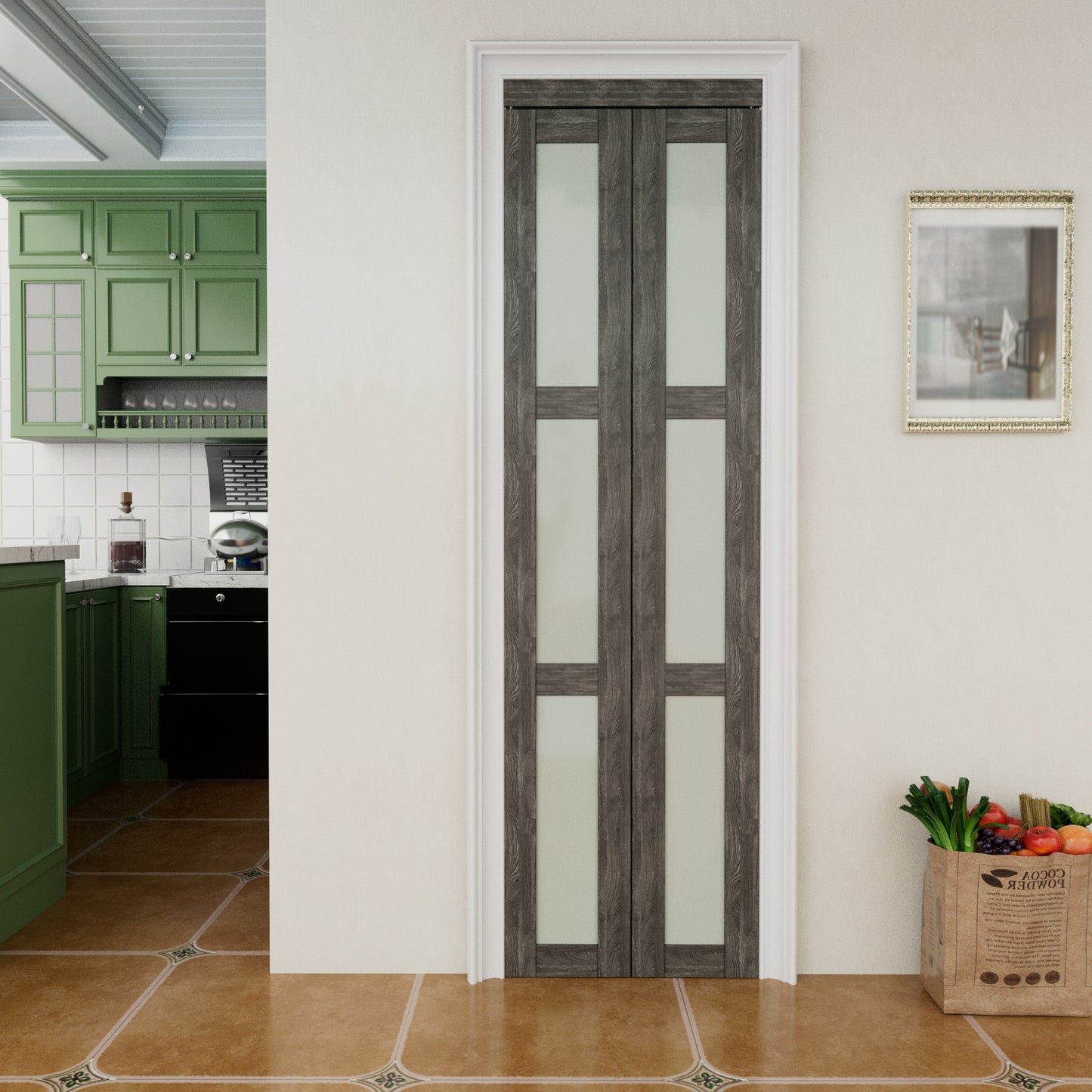 CRUTOP 3-Lite Frosted Glass Bifold Door, Build Quality Panels with Water&Scratch-Resistant Surface, Solid Core, Interior Closet & Pantry Door (Panels&Hardware&Fascia&Knob) ，Ancient Wood