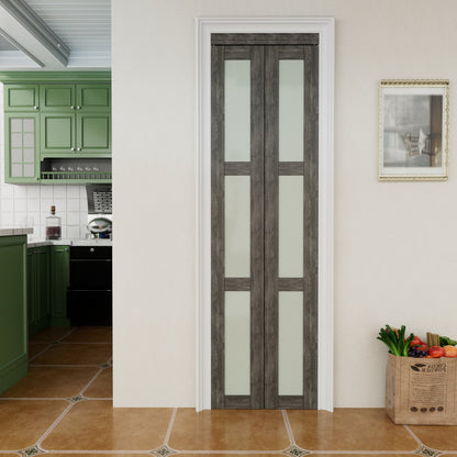 CRUTOP 3-Lite Frosted Glass Bifold Door, Build Quality Panels with Water&Scratch-Resistant Surface, Solid Core, Interior Closet & Pantry Door (Panels&Hardware&Fascia&Knob) ，Ancient Wood