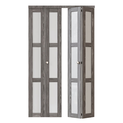 CRUTOP 3-Lite Frosted Glass Bifold Door, Build Quality Panels with Water&Scratch-Resistant Surface, Solid Core, Interior Closet & Pantry Door (Panels&Hardware&Fascia&Knob) ，Ancient Wood