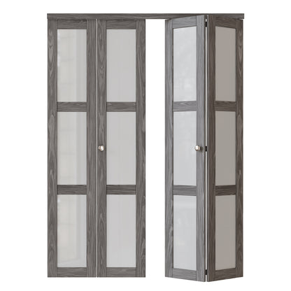 CRUTOP 3-Lite Frosted Glass Bifold Door, Build Quality Panels with Water&Scratch-Resistant Surface, Solid Core, Interior Closet & Pantry Door (Panels&Hardware&Fascia&Knob) ，Ancient Wood