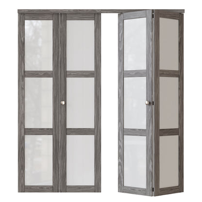 CRUTOP 3-Lite Frosted Glass Bifold Door, Build Quality Panels with Water&Scratch-Resistant Surface, Solid Core, Interior Closet & Pantry Door (Panels&Hardware&Fascia&Knob) ，Ancient Wood