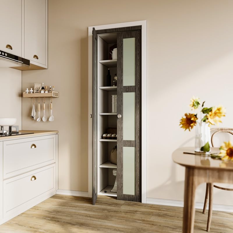 CRUTOP Bi-Fold Pivot Doors , 3-Lite Tempered Frosted Glass Closet Door with Hardware Kit, MDF Panel Folding Interior Double Doors Easy to Install -  Iron Age Gray