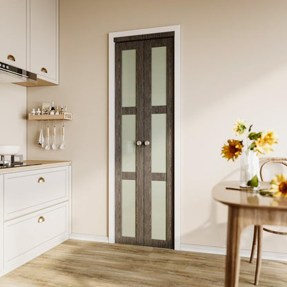 CRUTOP Bi-Fold Pivot Doors , 3-Lite Tempered Frosted Glass Closet Door with Hardware Kit, MDF Panel Folding Interior Double Doors Easy to Install -  Iron Age Gray