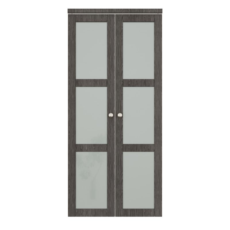 CRUTOP Bi-Fold Pivot Doors , 3-Lite Tempered Frosted Glass Closet Door with Hardware Kit, MDF Panel Folding Interior Double Doors Easy to Install -  Iron Age Gray