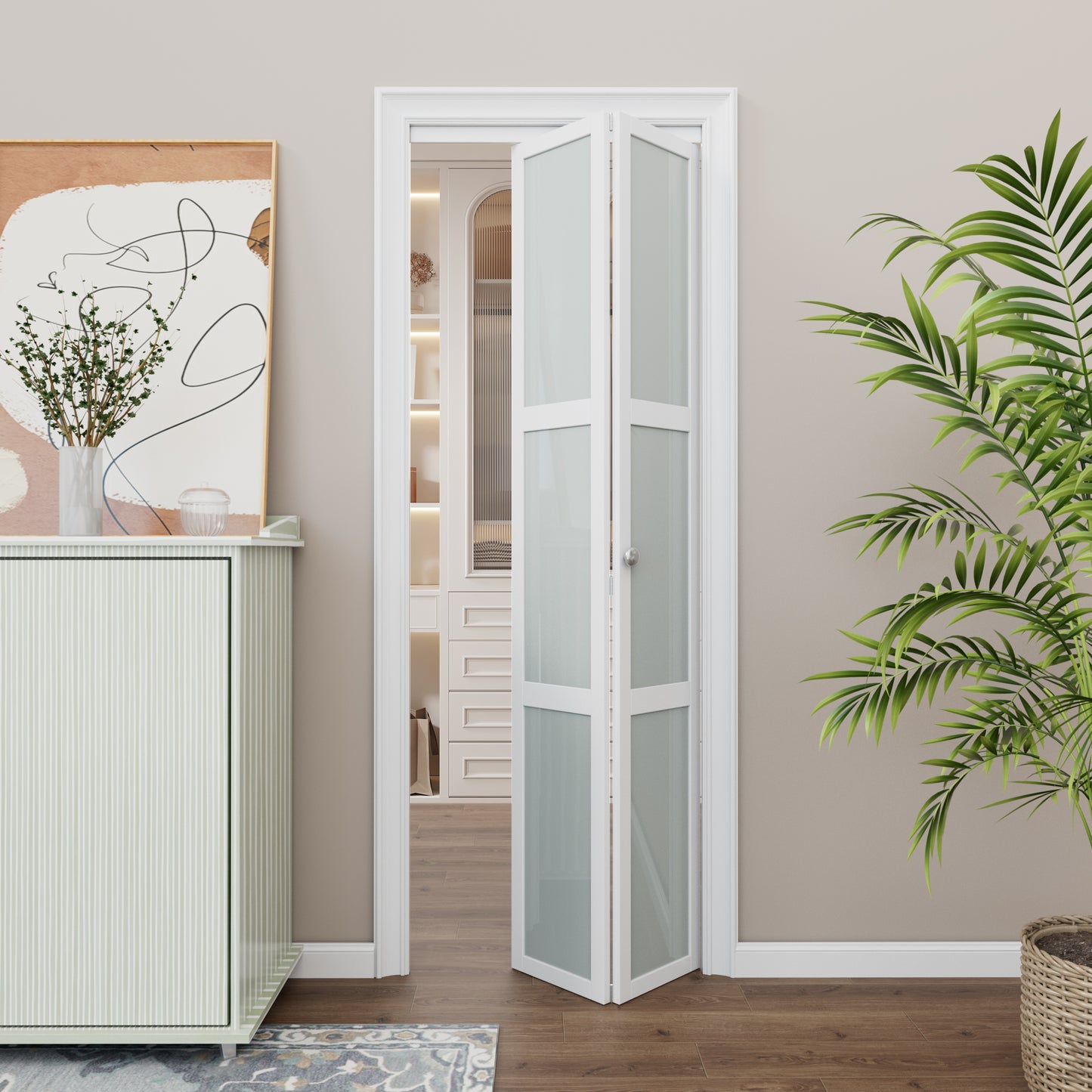 CRUTOP Bi-Fold Pivot Doors , 3-Lite Tempered Frosted Glass Closet Door with Hardware Kit, MDF Panel Folding Interior Double Doors Easy to Install - White (Paintable)