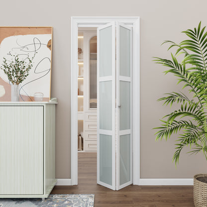 CRUTOP Bi-Fold Pivot Doors , 3-Lite Tempered Frosted Glass Closet Door with Hardware Kit, MDF Panel Folding Interior Double Doors Easy to Install - White (Paintable)