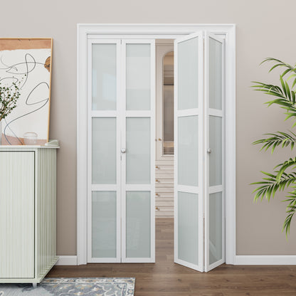 CRUTOP 3-Lite Paintable Frosted Glass Bifold Door, Build Quality Panels with Water&Scratch-Resistant Surface, Solid Core, Interior Closet & Pantry Door (Panels&Hardware&Fascia&Knob)