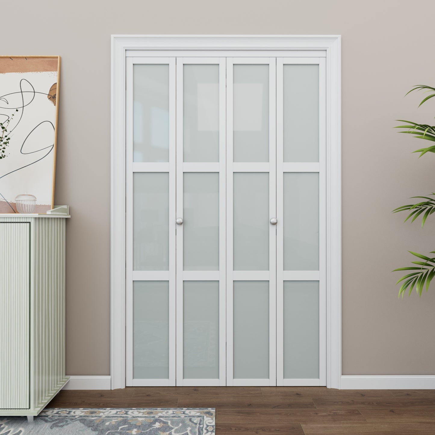 CRUTOP 3-Lite Paintable Frosted Glass Bifold Door, Build Quality Panels with Water&Scratch-Resistant Surface, Solid Core, Interior Closet & Pantry Door (Panels&Hardware&Fascia&Knob)