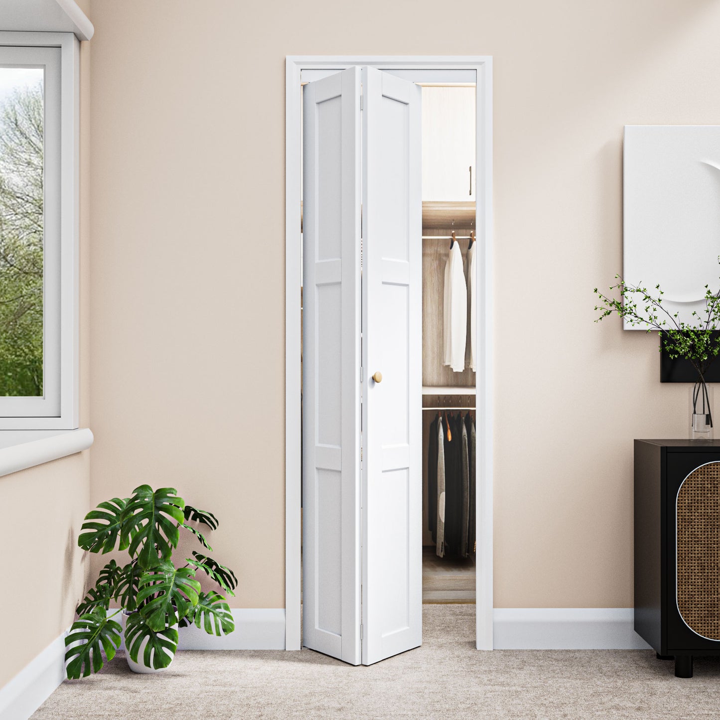 CRUTOP 3-Lite Paintable Bifold Closet Door, Solid Core Pre-Assembled Panels with Water-Resistant Triple-Layer Painting, Build Quality (Panels&Hardware&Fascia&Knob)