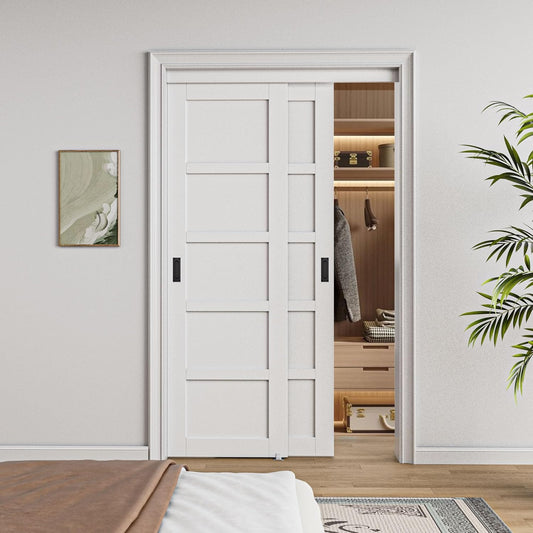 CRUTOP Paintable Bypass Slidng Door Panels with Hardware Kit, 5-Lite Panle Door Slab Shaker for Bedroom/Closet/Barn - Assemble Required
