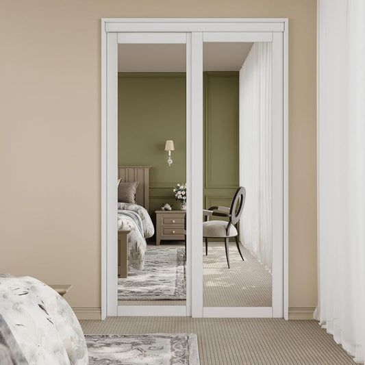 CRUTOP  Paintable Sliding Closet Door, One Side Mirror, Primed Water-Resistant Frame, Build Quality & Easy to Install (Pre-Assembled Panels with Hardware Kit)