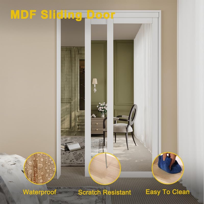 CRUTOP  Paintable Sliding Closet Door, One Side Mirror, Primed Water-Resistant Frame, Build Quality & Easy to Install (Pre-Assembled Panels with Hardware Kit)