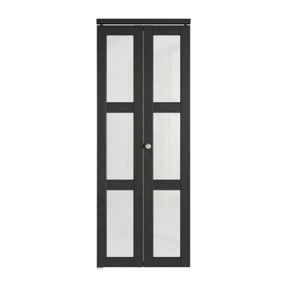 CRUTOP 3-Lite Frosted Glass Bifold Door, Build Quality Panels with Water&Scratch-Resistant Surface, Solid Core, Interior Closet & Pantry Door (Panels&Hardware&Fascia&Knob) , Black