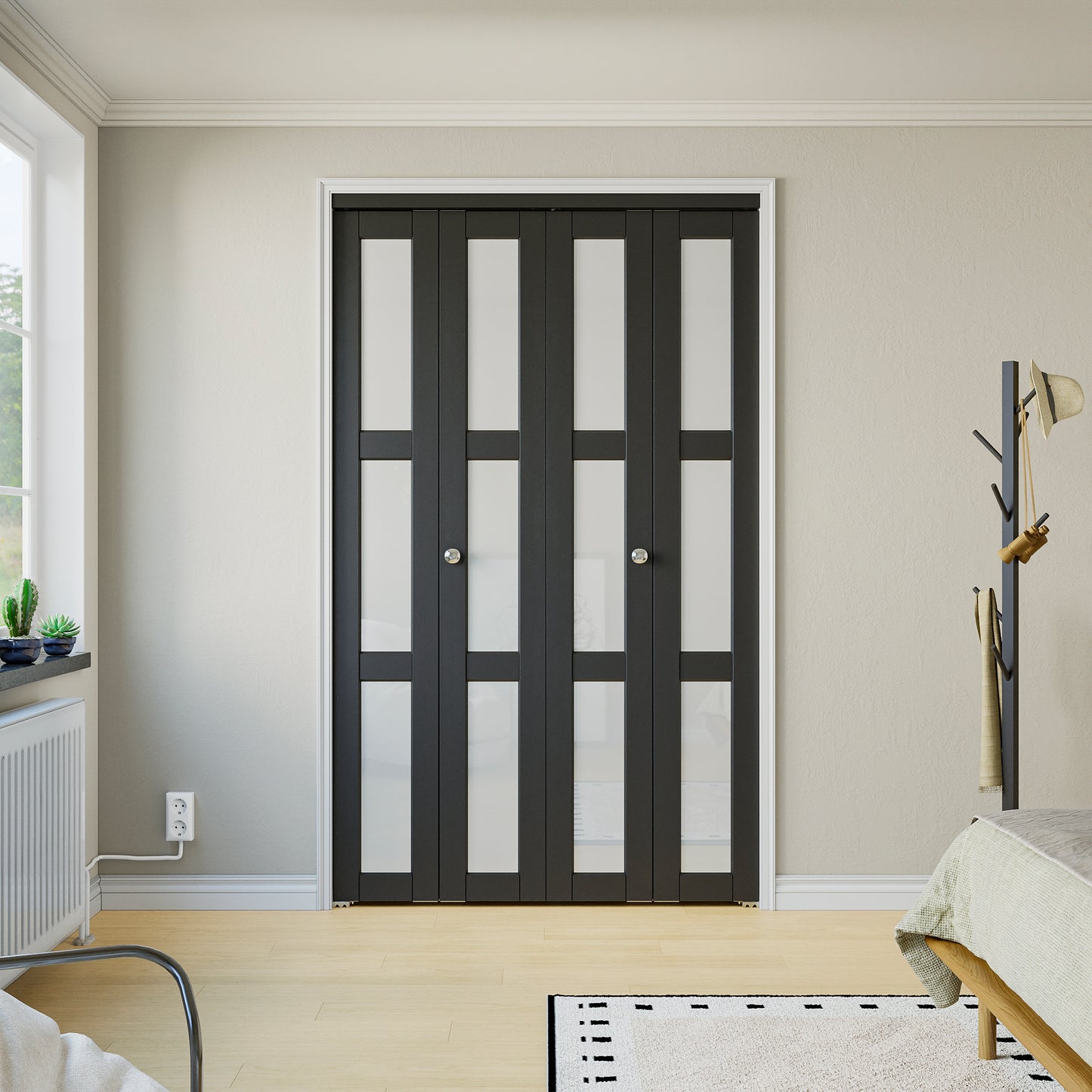 CRUTOP 3-Lite Frosted Glass Bifold Door, Build Quality Panels with Water&Scratch-Resistant Surface, Solid Core, Interior Closet & Pantry Door (Panels&Hardware&Fascia&Knob) , Black