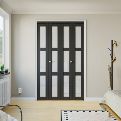 CRUTOP 3-Lite Frosted Glass Bifold Door, Build Quality Panels with Water&Scratch-Resistant Surface, Solid Core, Interior Closet & Pantry Door (Panels&Hardware&Fascia&Knob) , Black