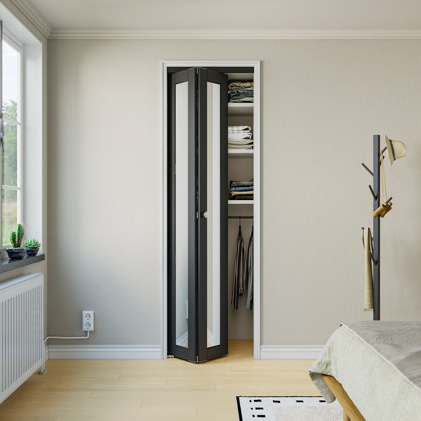 CRUTOP  Mirrored Bifold Doors, One Side Mirror Door with Water&Scratch-Resistant Surface, Interior Closet & Pantry Door (Panels&Hardware&Fascia&Knob) , Black