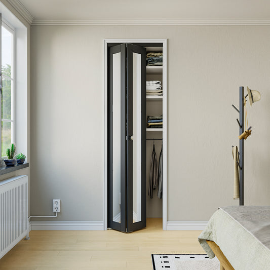 CRUTOP  Mirrored Bifold Doors, One Side Mirror Door with Water&Scratch-Resistant Surface, Interior Closet & Pantry Door (Panels&Hardware&Fascia&Knob) , Black