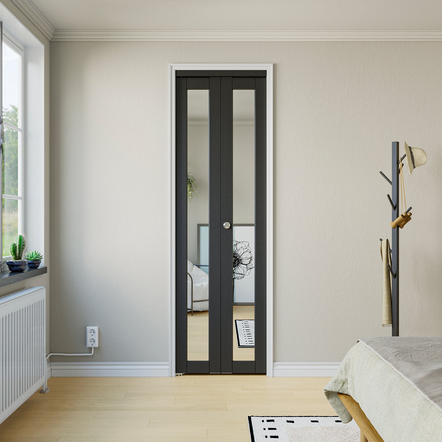 CRUTOP  Mirrored Bifold Doors, One Side Mirror Door with Water&Scratch-Resistant Surface, Interior Closet & Pantry Door (Panels&Hardware&Fascia&Knob) , Black