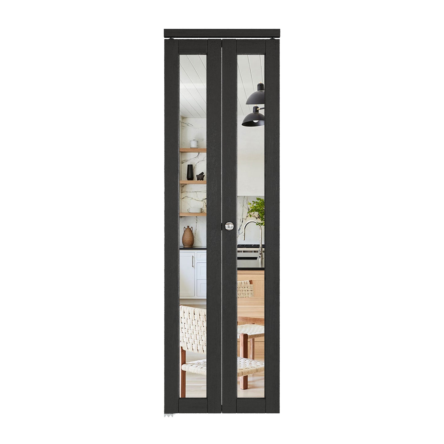 CRUTOP  Mirrored Bifold Doors, One Side Mirror Door with Water&Scratch-Resistant Surface, Interior Closet & Pantry Door (Panels&Hardware&Fascia&Knob) , Black
