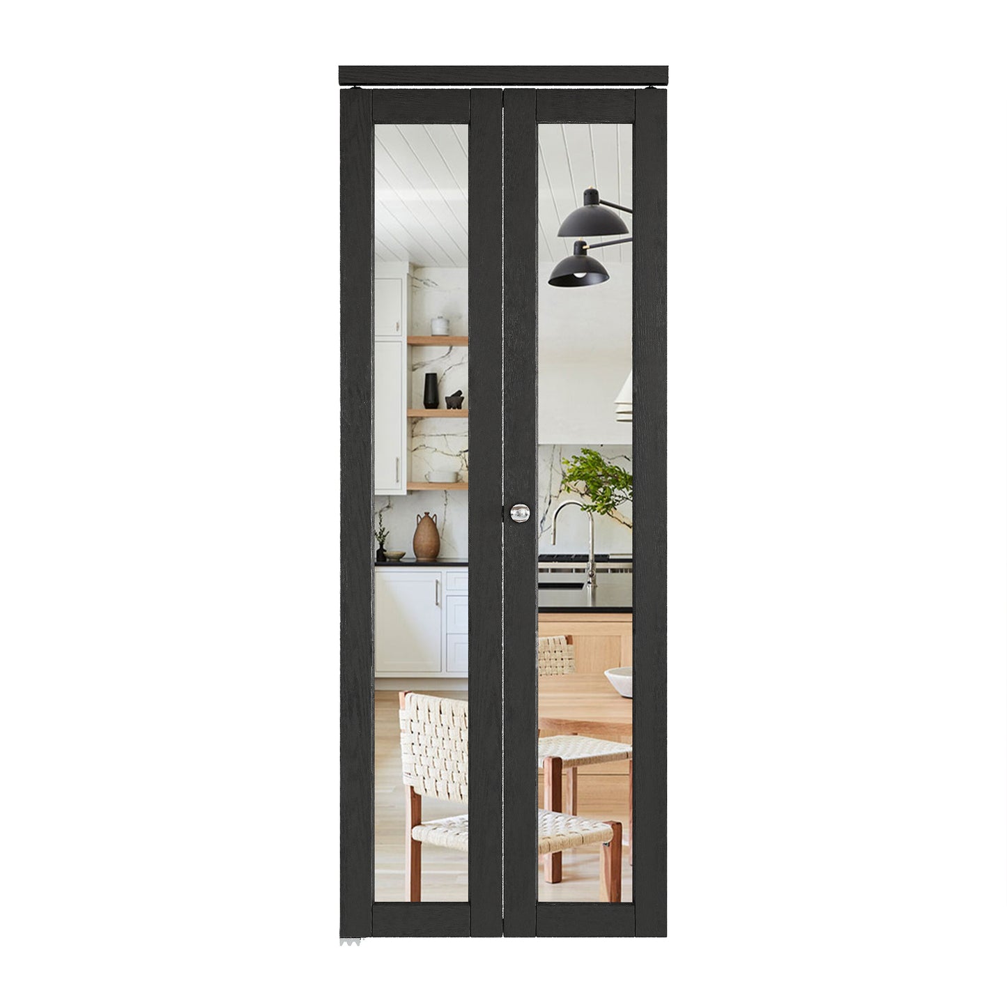 CRUTOP  Mirrored Bifold Doors, One Side Mirror Door with Water&Scratch-Resistant Surface, Interior Closet & Pantry Door (Panels&Hardware&Fascia&Knob) , Black