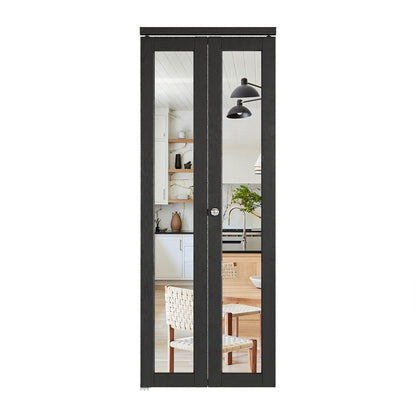 CRUTOP  Mirrored Bifold Doors, One Side Mirror Door with Water&Scratch-Resistant Surface, Interior Closet & Pantry Door (Panels&Hardware&Fascia&Knob) , Black