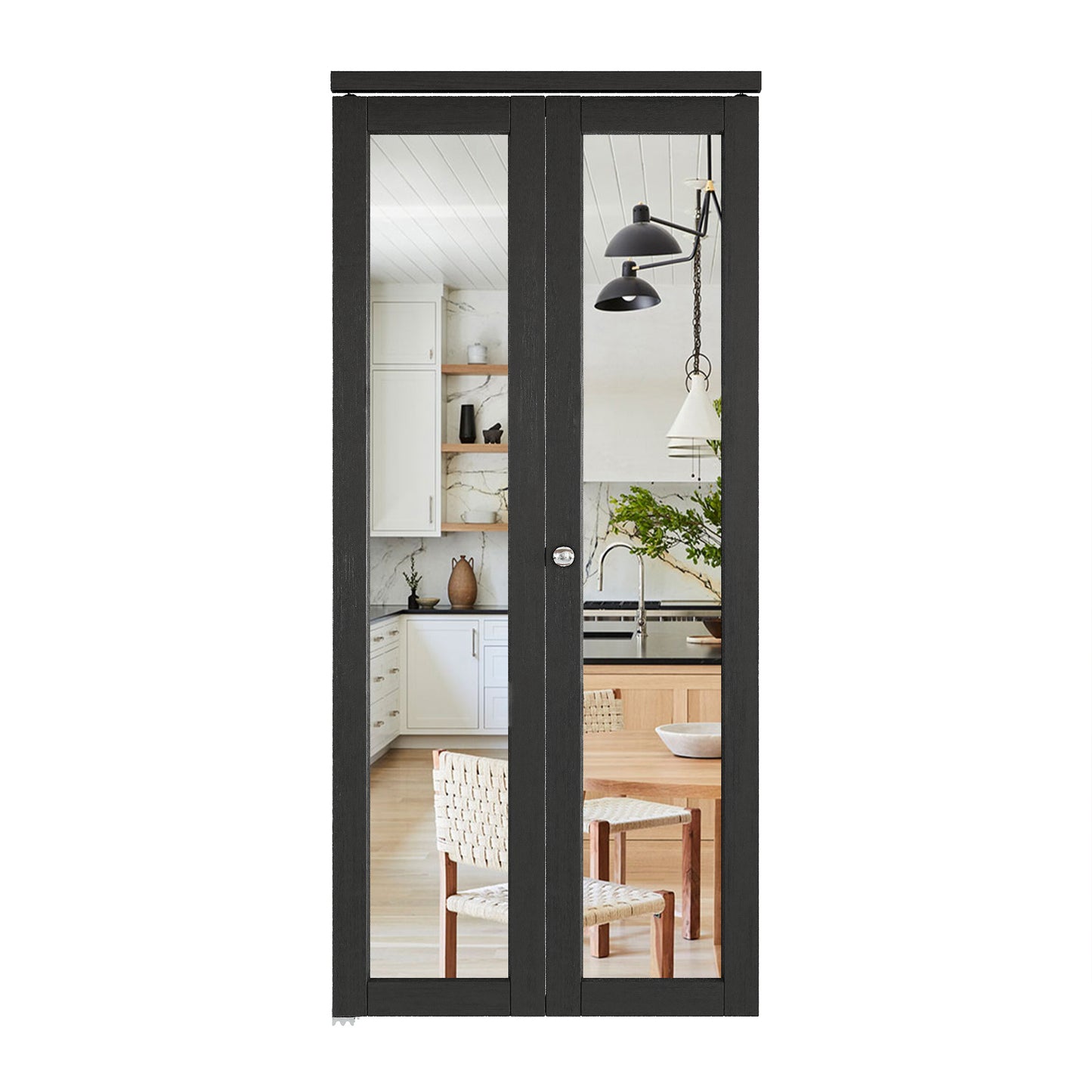 CRUTOP  Mirrored Bifold Doors, One Side Mirror Door with Water&Scratch-Resistant Surface, Interior Closet & Pantry Door (Panels&Hardware&Fascia&Knob) , Black