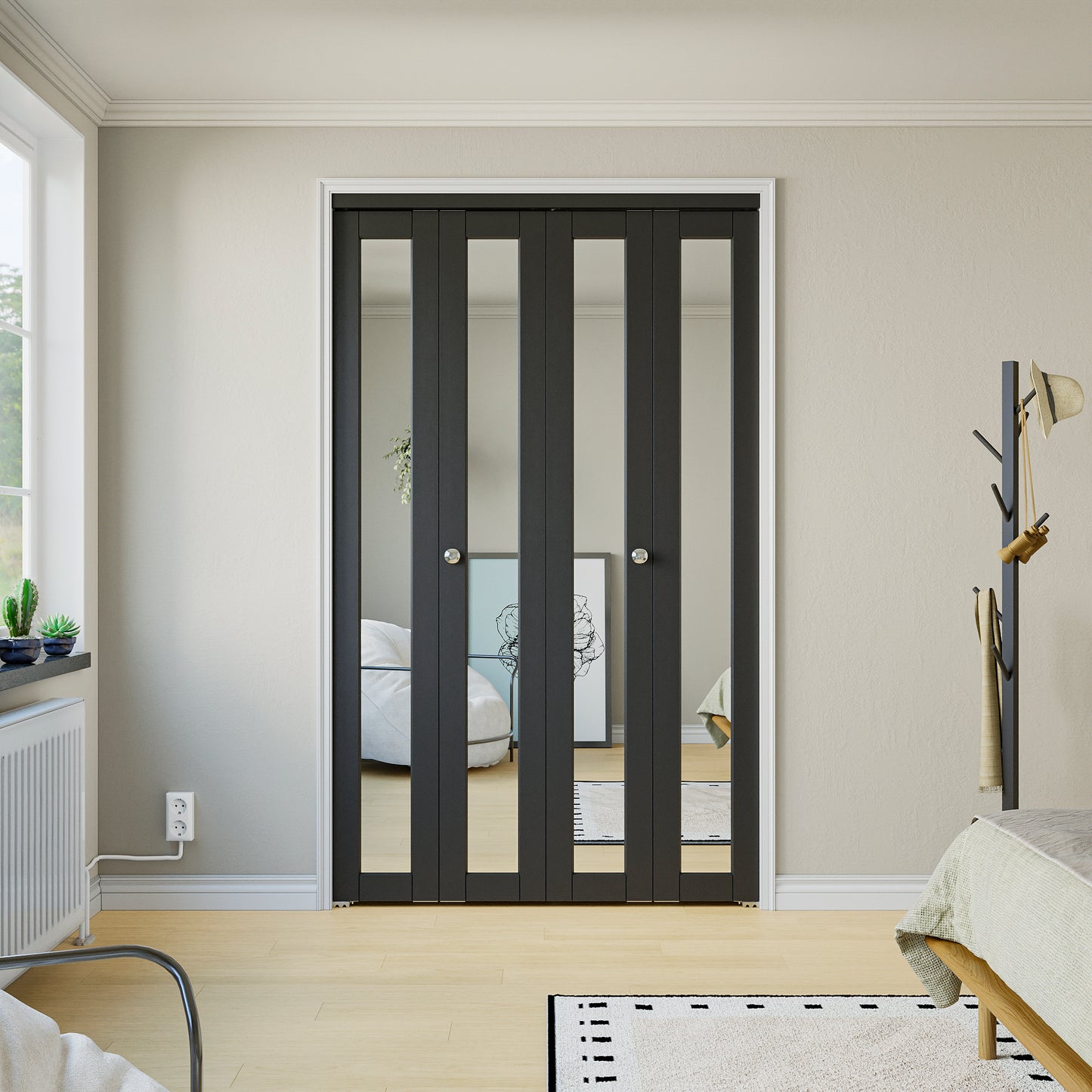 CRUTOP  Mirrored Bifold Doors, One Side Mirror Door with Water&Scratch-Resistant Surface, Interior Closet & Pantry Door (Panels&Hardware&Fascia&Knob) , Black