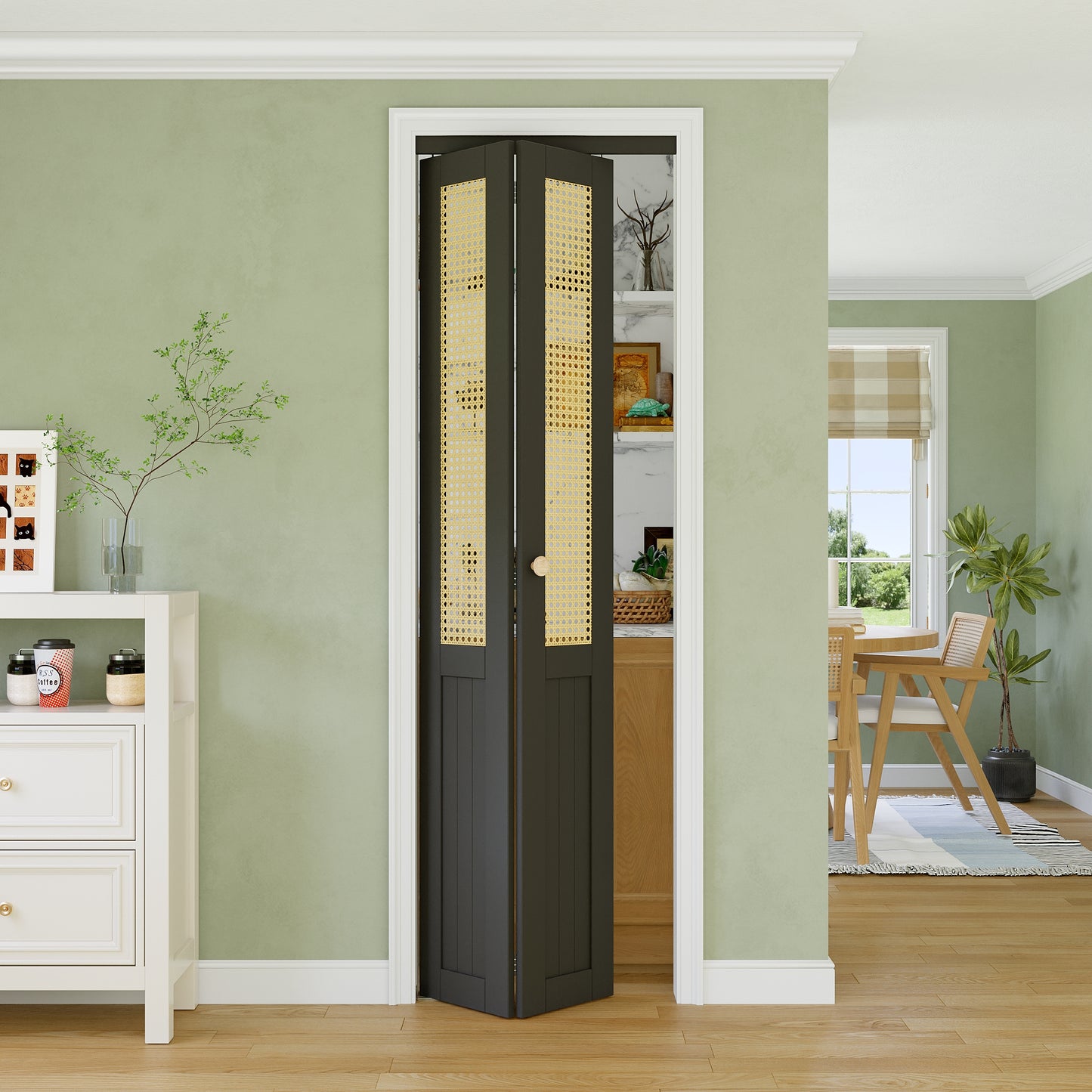 CRUTOP Bi-Fold Pivot Doors , Rattan Closet Door with Hardware Kit, MDF Panel Folding Interior Double Doors Easy to Install -  Black