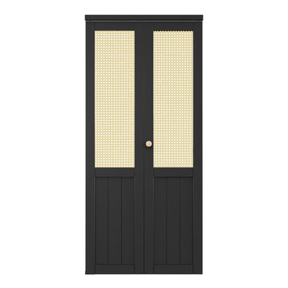 CRUTOP Bi-Fold Pivot Doors , Rattan Closet Door with Hardware Kit, MDF Panel Folding Interior Double Doors Easy to Install -  Black