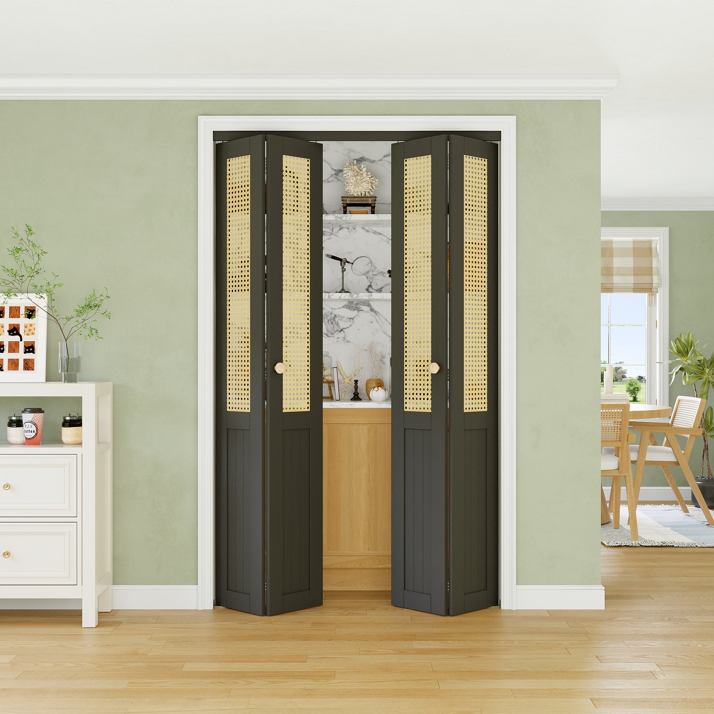 CRUTOP Rattan Bifold Closet Door, Cane Webbing Wood Interior Wicker Doors Slab, Build Quality Black Folding Barn Door (Panels & Hardware & Fascia & Knob)，Black