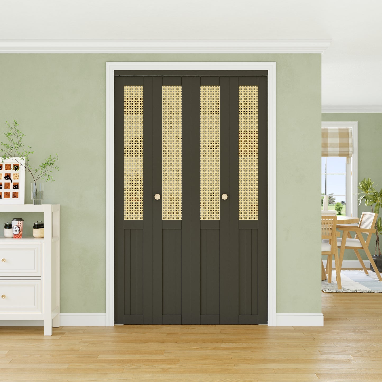 CRUTOP Rattan Bifold Closet Door, Cane Webbing Wood Interior Wicker Doors Slab, Build Quality Black Folding Barn Door (Panels & Hardware & Fascia & Knob)，Black
