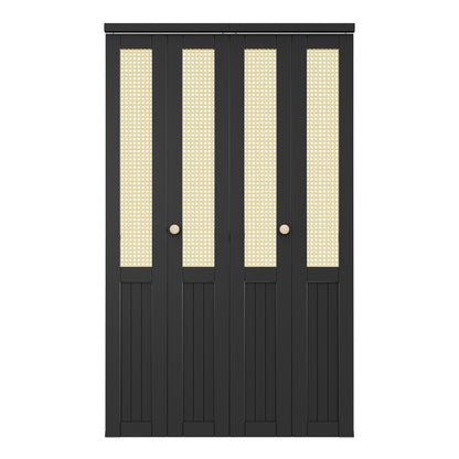 CRUTOP Rattan Bifold Closet Door, Cane Webbing Wood Interior Wicker Doors Slab, Build Quality Black Folding Barn Door (Panels & Hardware & Fascia & Knob)，Black
