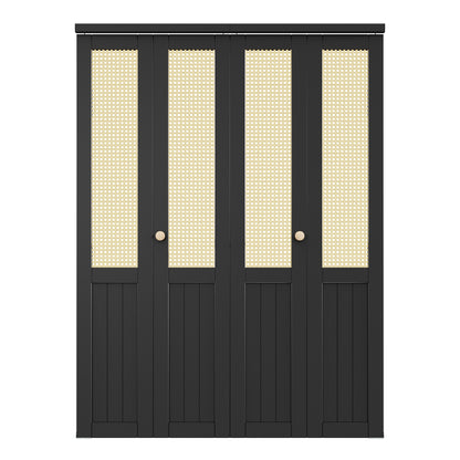CRUTOP Rattan Bifold Closet Door, Cane Webbing Wood Interior Wicker Doors Slab, Build Quality Black Folding Barn Door (Panels & Hardware & Fascia & Knob)，Black
