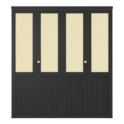 CRUTOP Rattan Bifold Closet Door, Cane Webbing Wood Interior Wicker Doors Slab, Build Quality Black Folding Barn Door (Panels & Hardware & Fascia & Knob)，Black