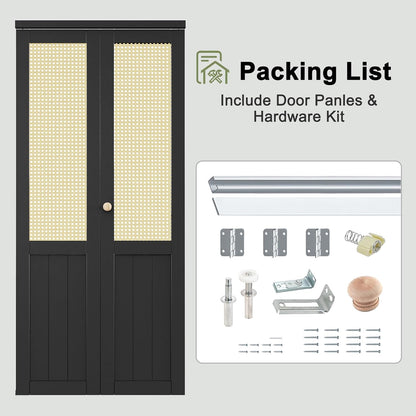 CRUTOP Rattan Bifold Closet Door, Cane Webbing Wood Interior Wicker Doors Slab, Build Quality Black Folding Barn Door (Panels & Hardware & Fascia & Knob)，Black