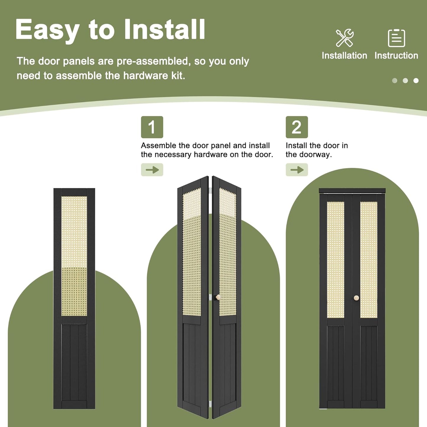 CRUTOP Rattan Bifold Closet Door, Cane Webbing Wood Interior Wicker Doors Slab, Build Quality Black Folding Barn Door (Panels & Hardware & Fascia & Knob)，Black