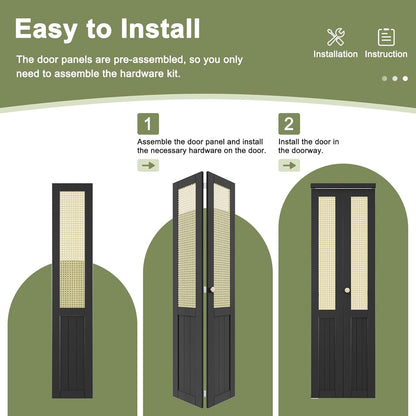 CRUTOP Rattan Bifold Closet Door, Cane Webbing Wood Interior Wicker Doors Slab, Build Quality Black Folding Barn Door (Panels & Hardware & Fascia & Knob)，Black