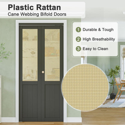 CRUTOP Rattan Bifold Closet Door, Cane Webbing Wood Interior Wicker Doors Slab, Build Quality Black Folding Barn Door (Panels & Hardware & Fascia & Knob)，Black