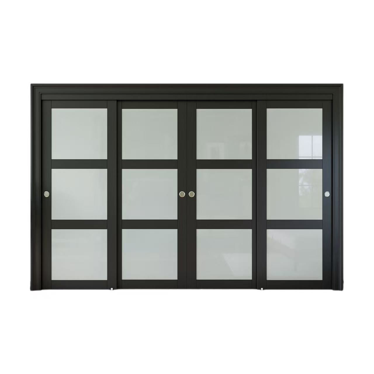CRUTOP Sliding Closet Door, Fingerprint-Resistant 3-Lite Tempered Frosted Glass with Good Privacy & Water-Resistant Frame, Build Quality ( Pre-assembled Panels with Hardware Kit)，Black