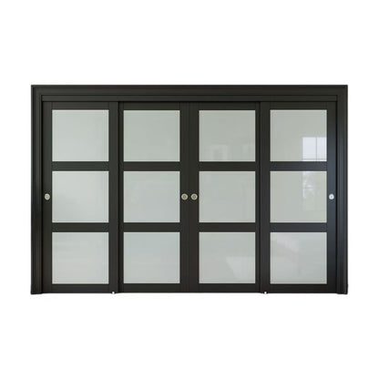 CRUTOP Sliding Closet Door, Fingerprint-Resistant 3-Lite Tempered Frosted Glass with Good Privacy & Water-Resistant Frame, Build Quality ( Pre-assembled Panels with Hardware Kit)，Black